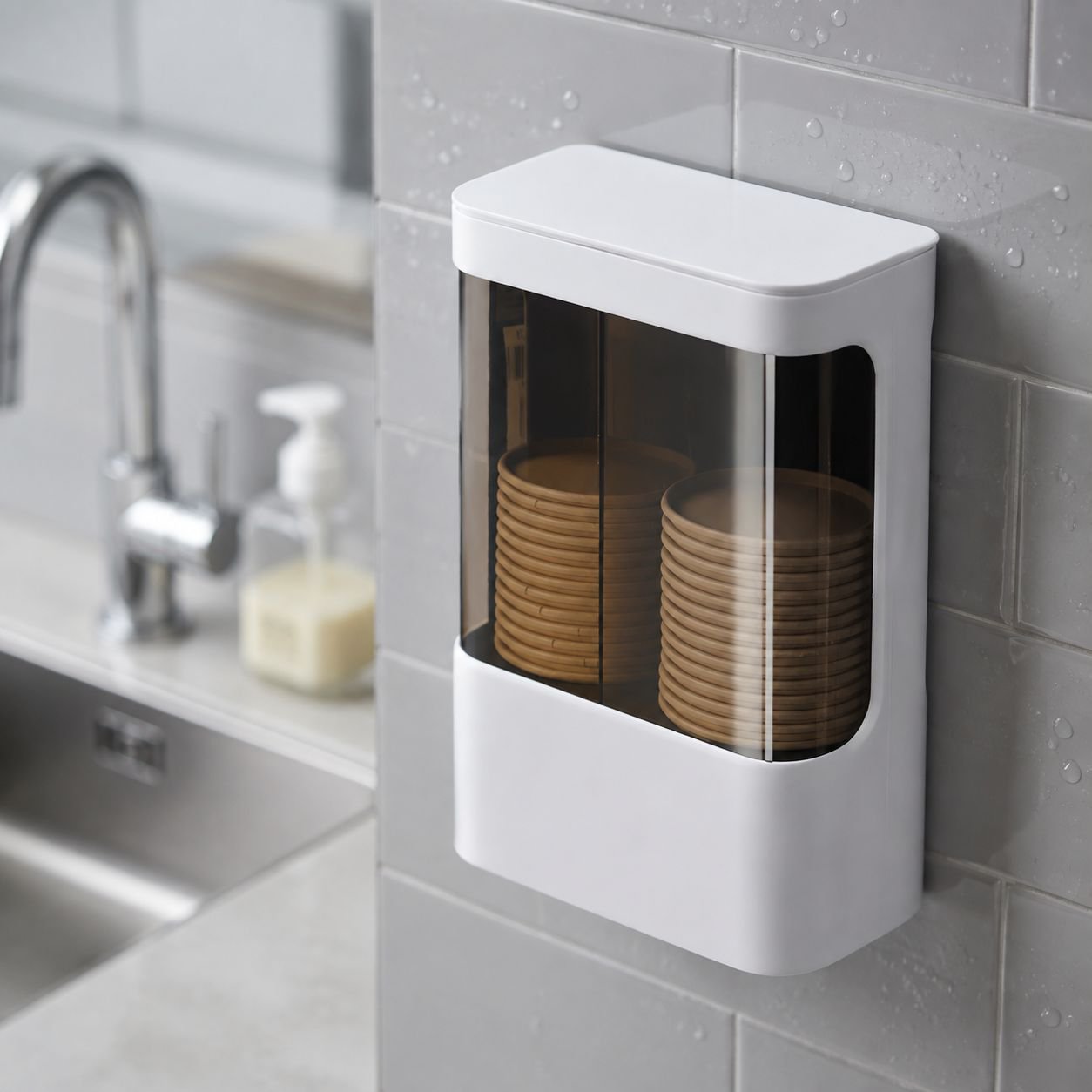 Close-up of dustproof lid on double tube cup dispenser