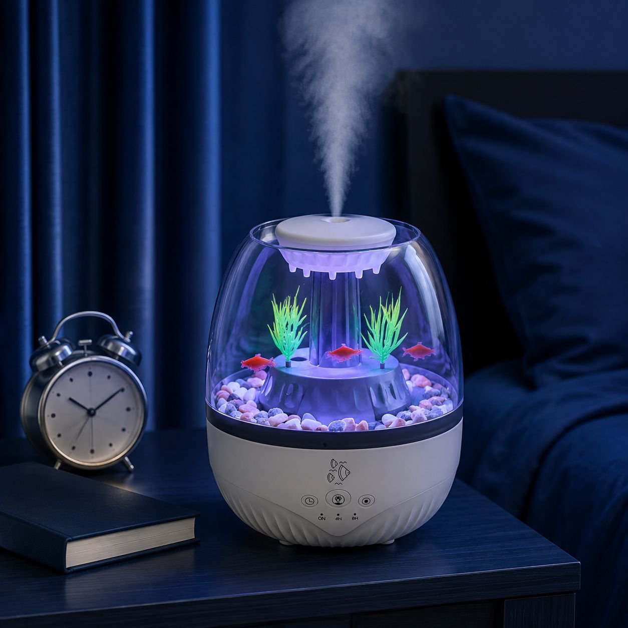 Humidificador aromático con forma de pecera, luz de siete colores, silencioso