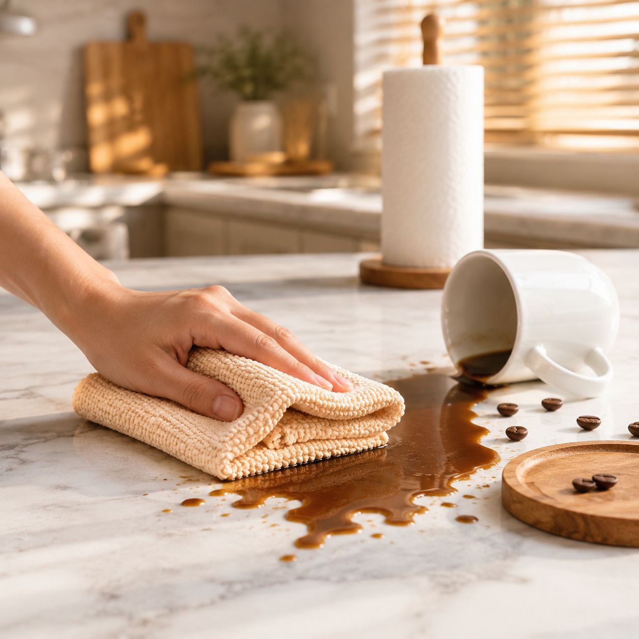 Ultra-absorbent microfiber dishwashing towel on kitchen counter