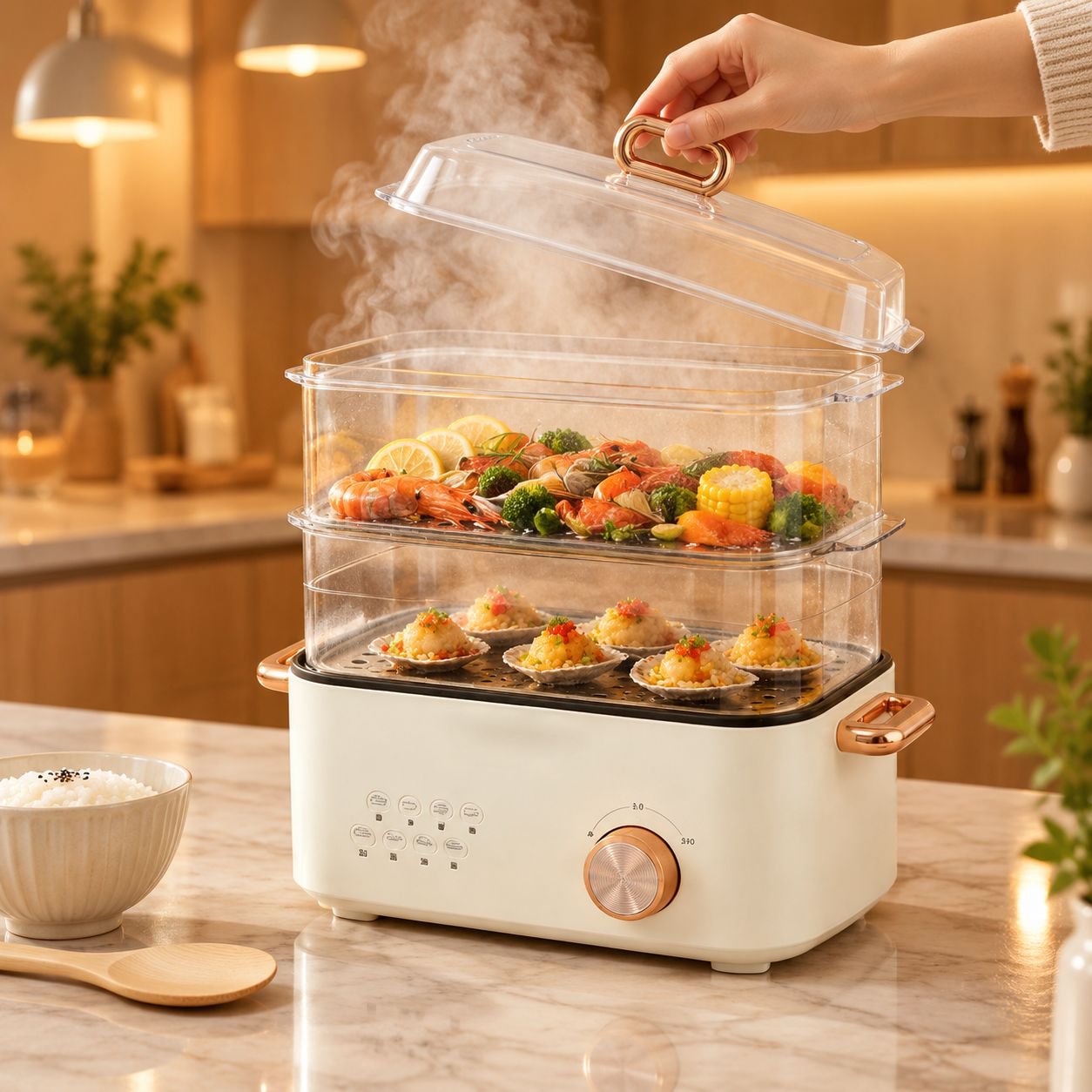 家族で楽しむ蒸し料理の食卓風景