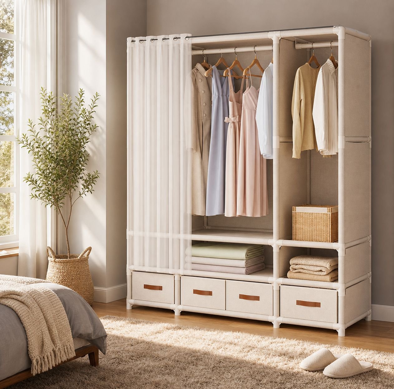 Small Bedroom Floor Wardrobe - Simple, Durable Clothes Storage Rack for Rental