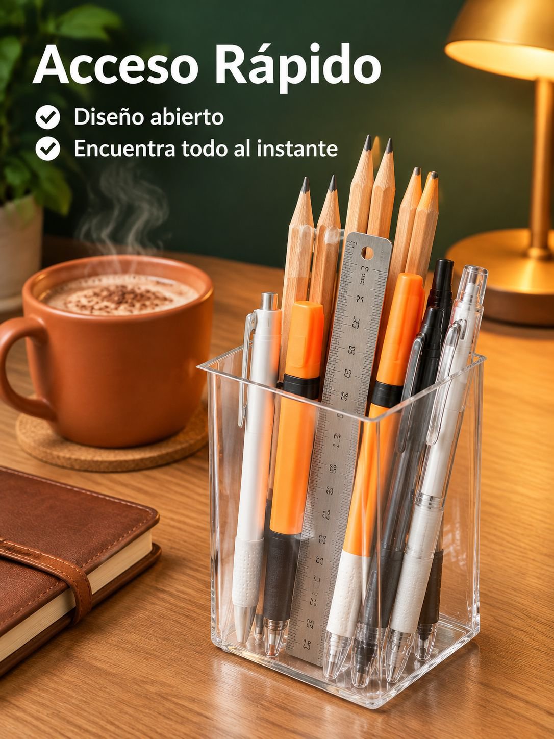 Organizador de escritorio de acrílico transparente con útiles y lápices