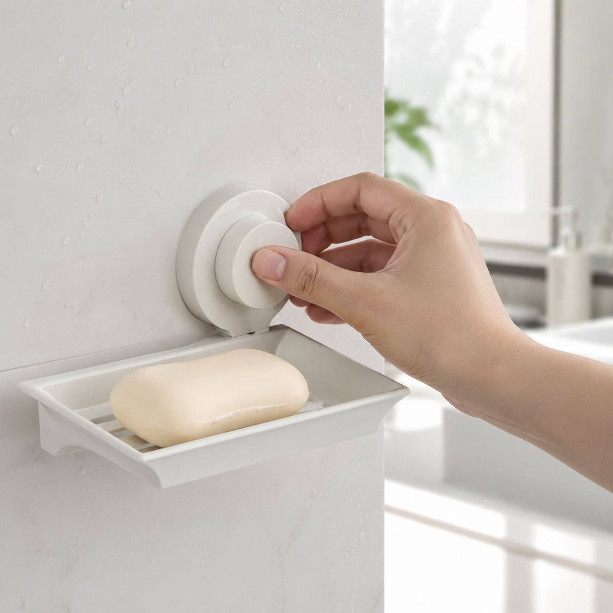 Close-up of suction cup mechanism on soap dish