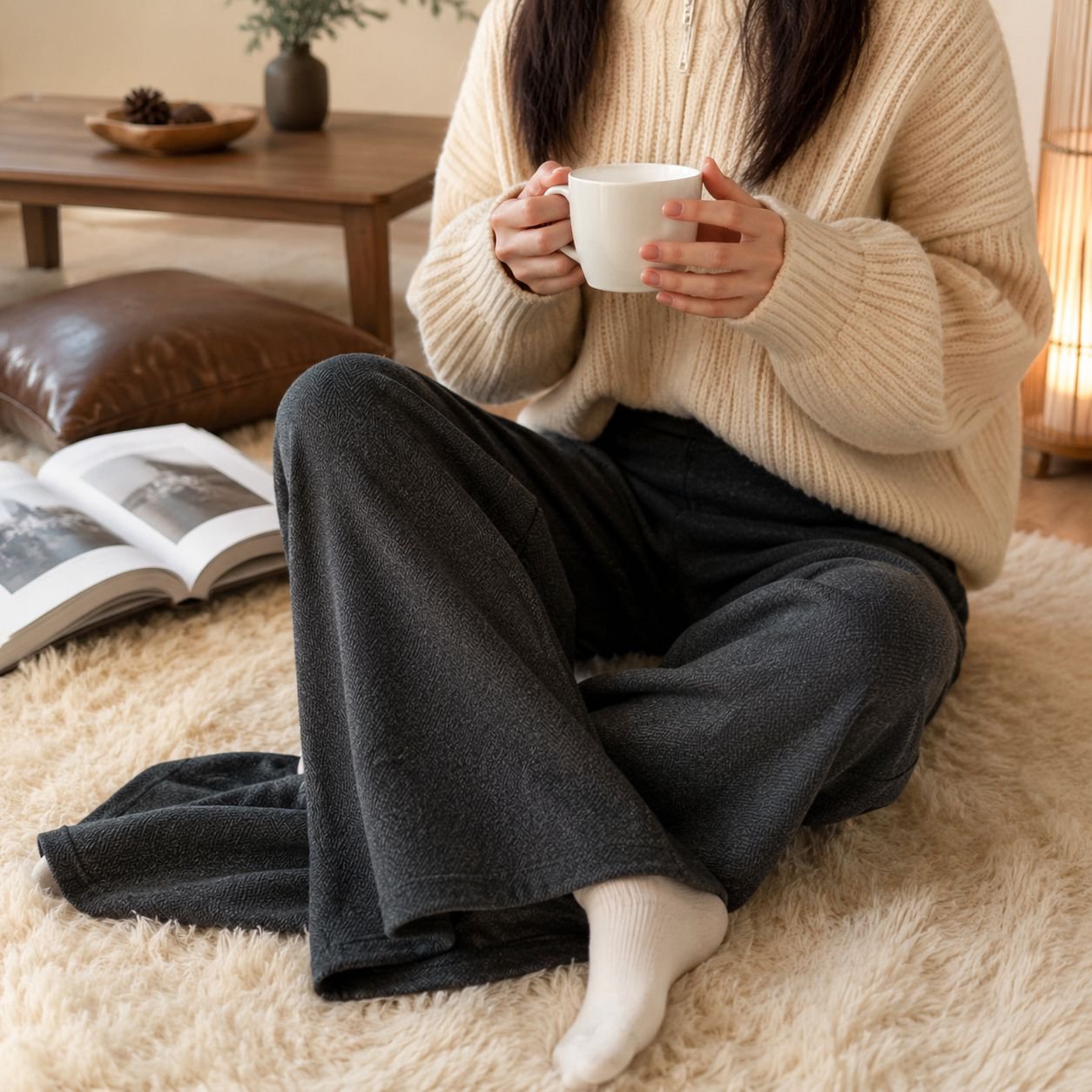 スタイルアップ効果のあるハイウエストパンツ