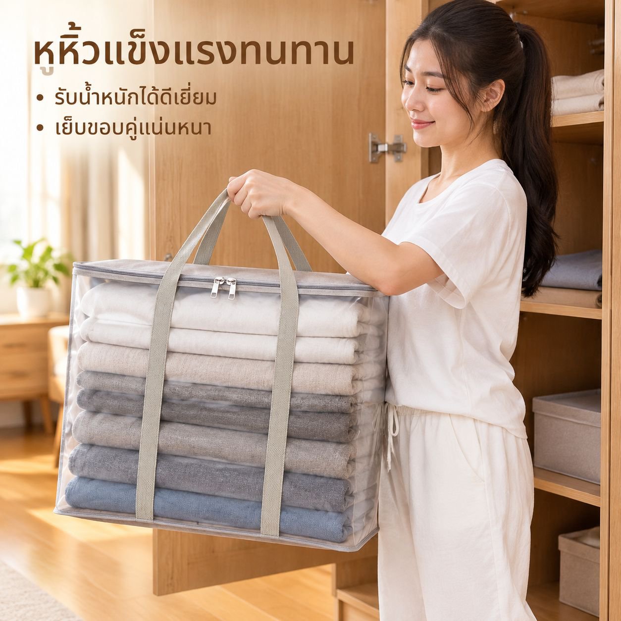 กระเป๋าเก็บเสื้อผ้าความจุสูงพร้อมหูหิ้วและโครงสร้างเสริมความแข็งแรง