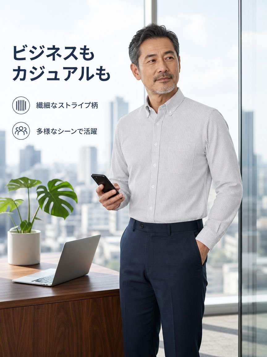 メンズ グレー細ストライプ 長袖シャツ ビジネスカジュアル 高品質コットン