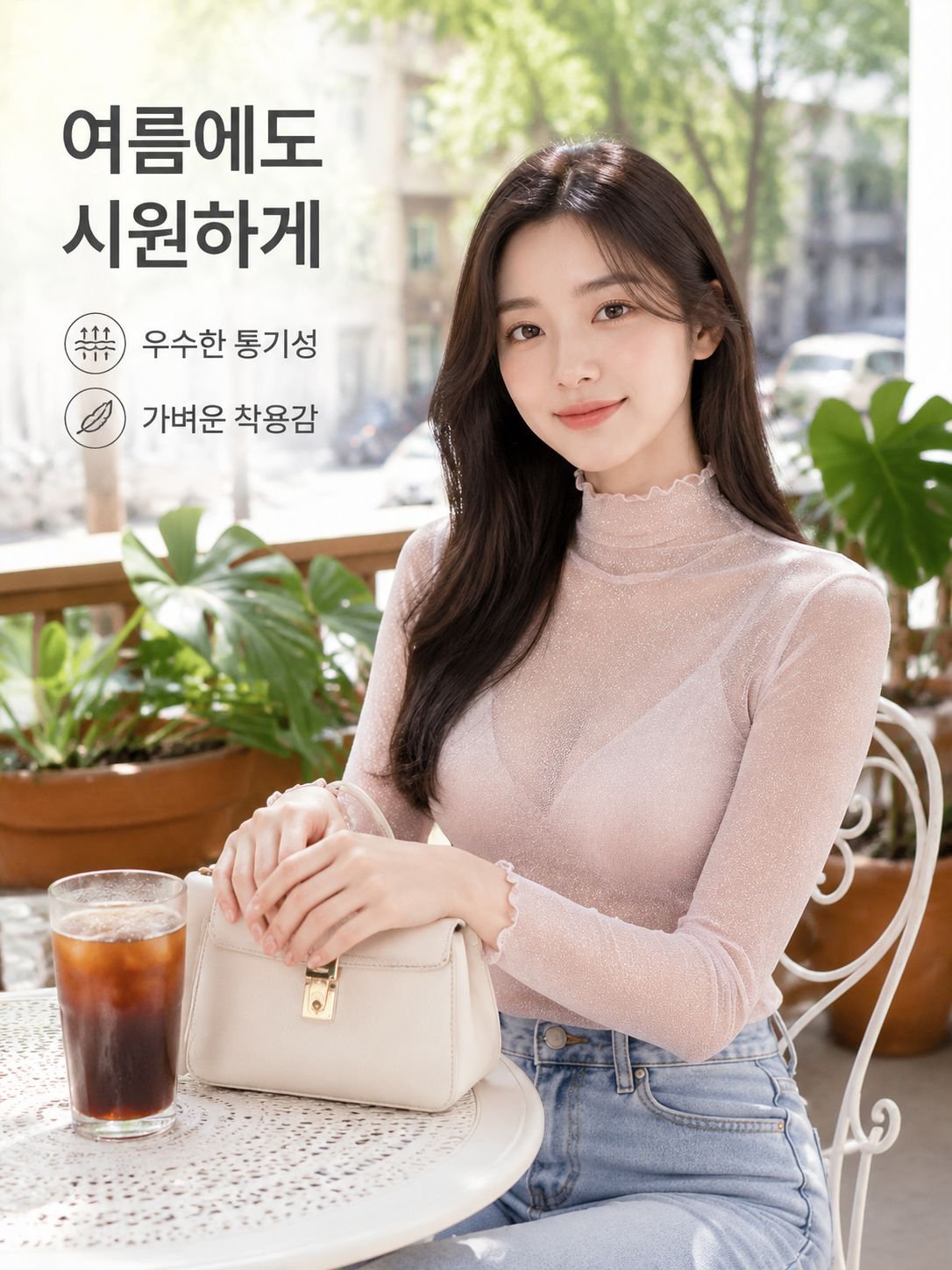 여름용 반짝이 시스루 하이넥 망사 이너 티셔츠