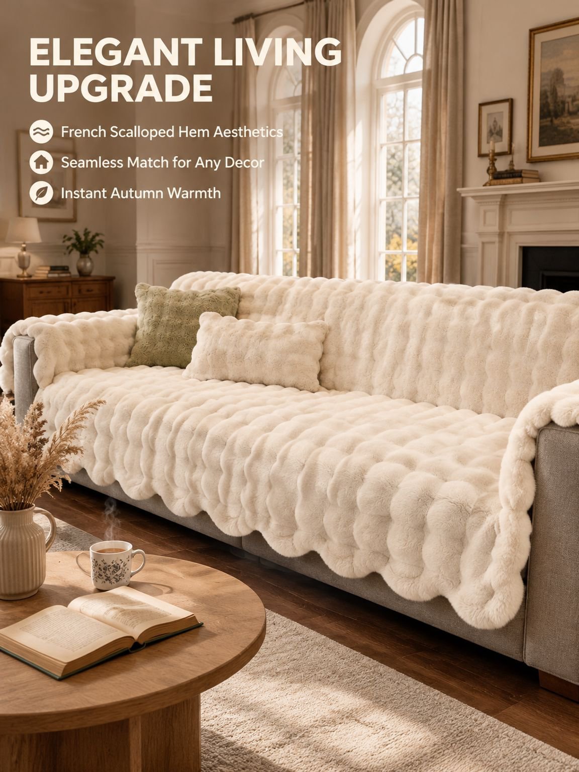 Thick faux rabbit fur sofa cover with a soft plush texture