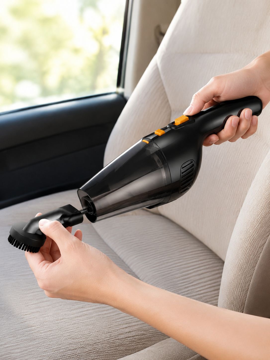 車内のシートを掃除するポータブル掃除機