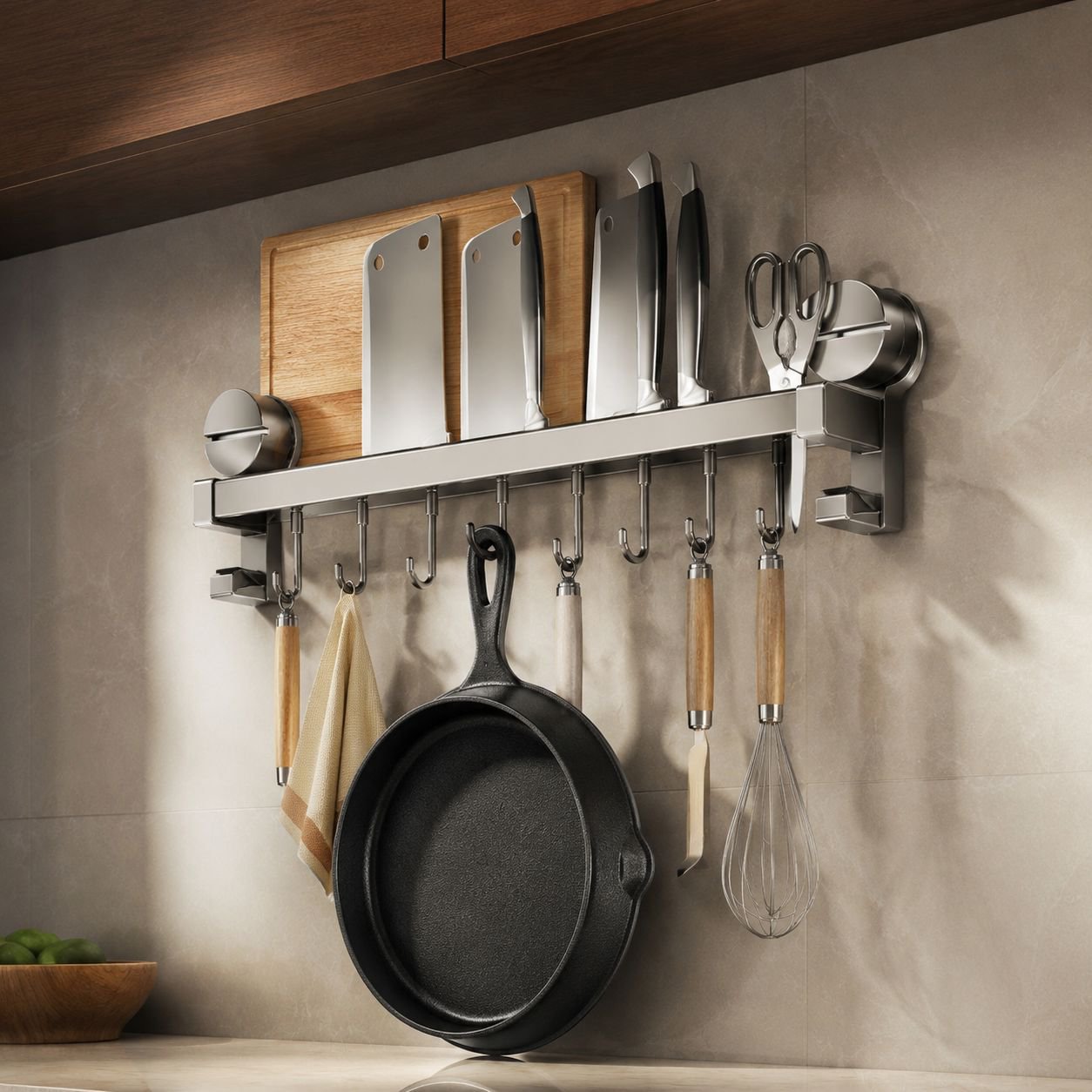 Modern kitchen with gunmetal gray hanging bar and organized utensils