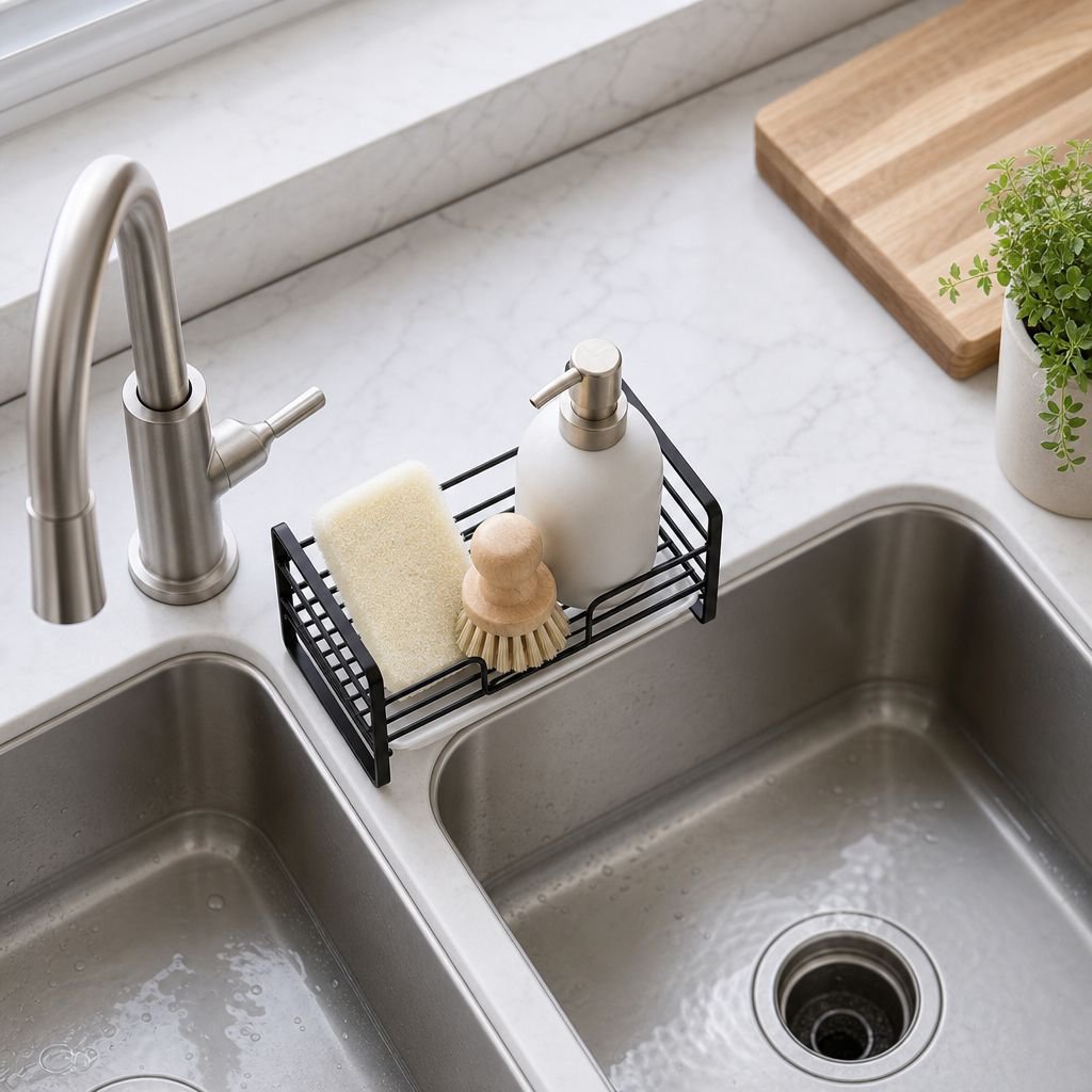 Sponge, steel wool, and soap holder for kitchen sink