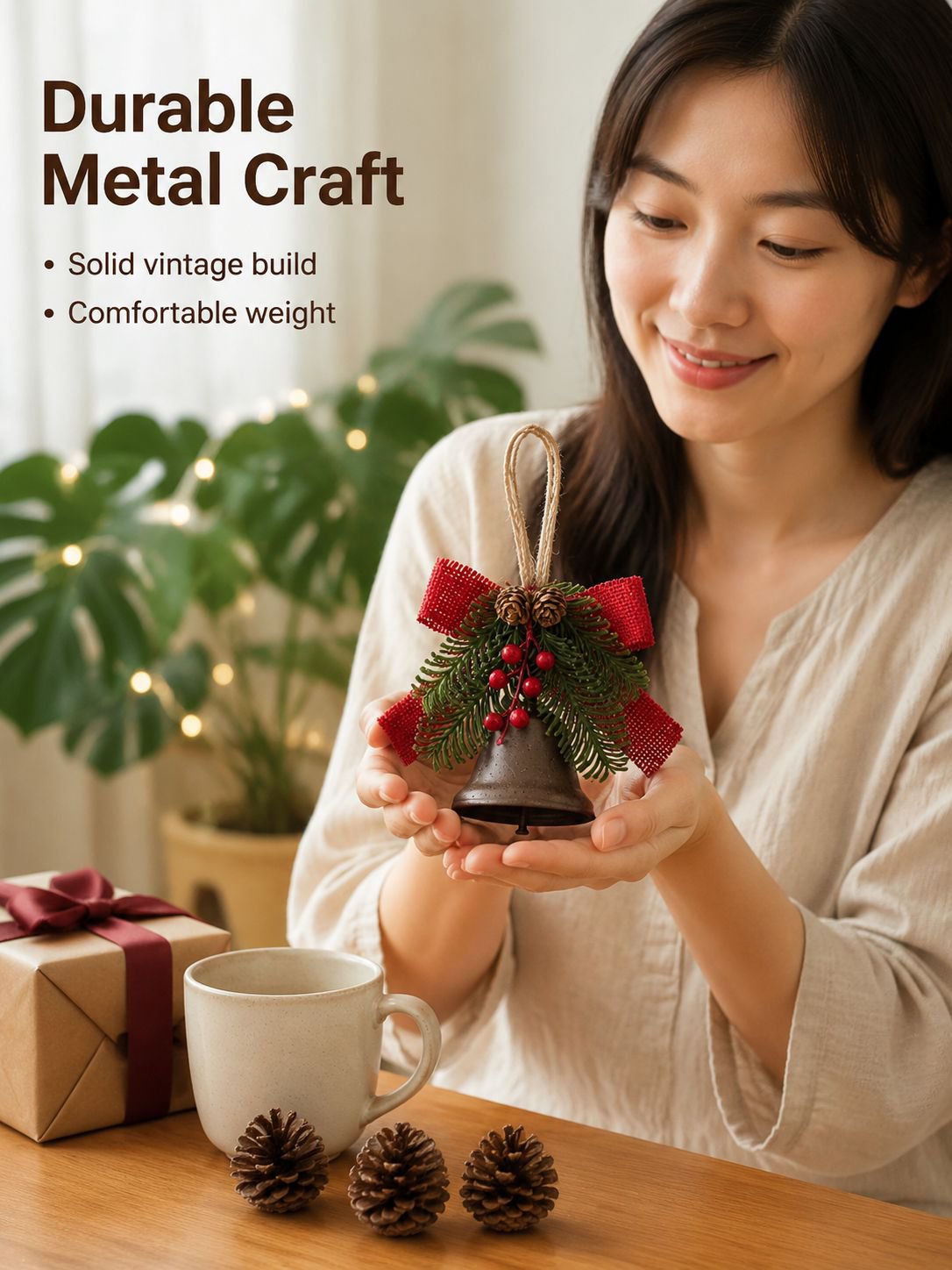 Holiday metal bell and bow ornament
