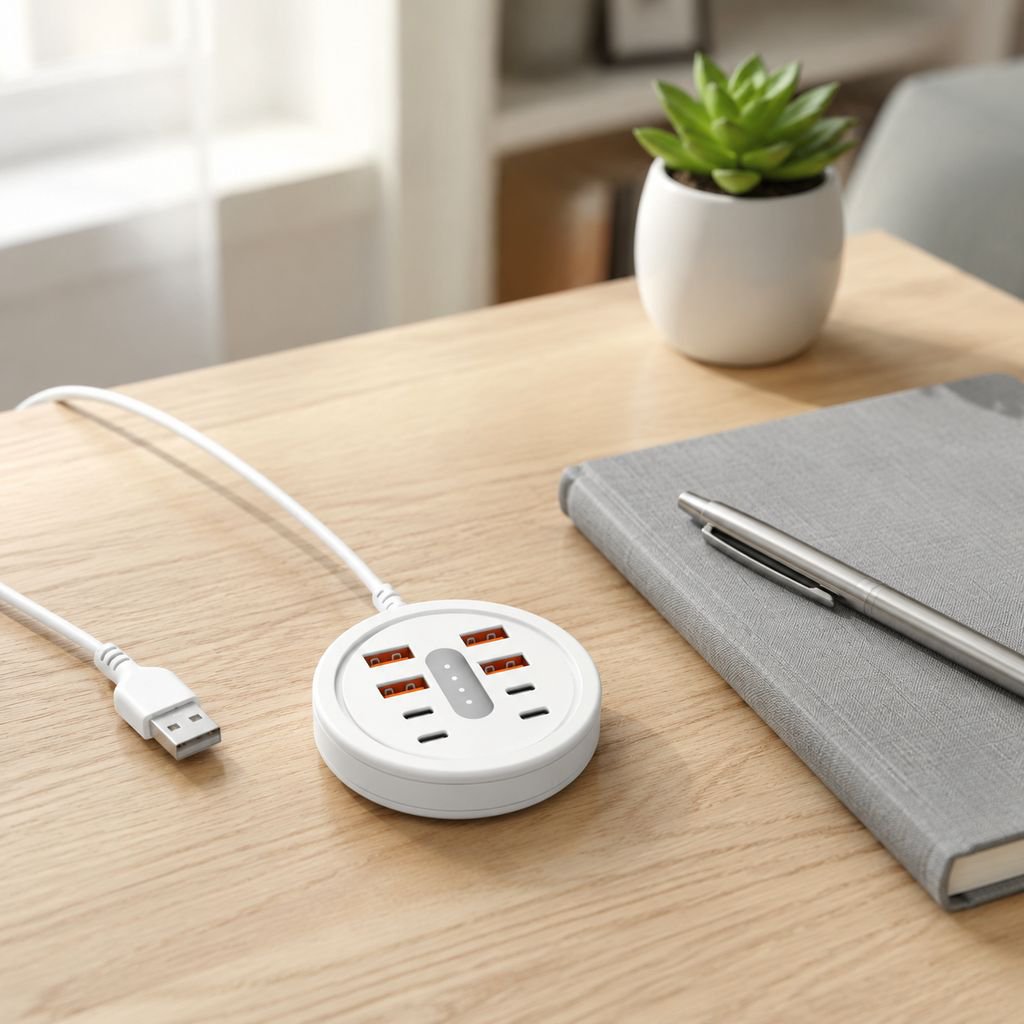8-in-1 Round Portable Power Strip with USB & Type-C Fast Charging Adapters