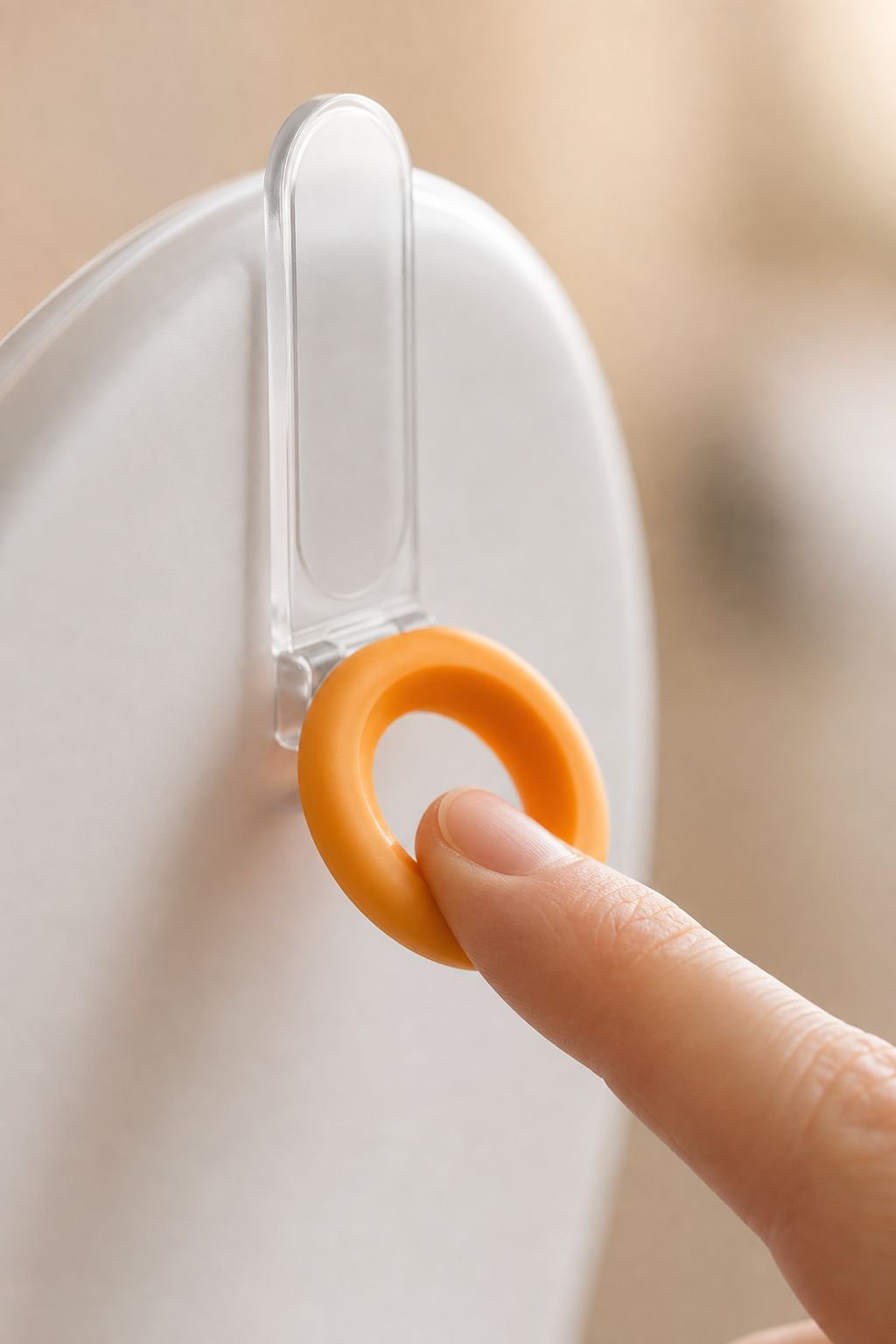 Close-up of adhesive toilet handle on white toilet