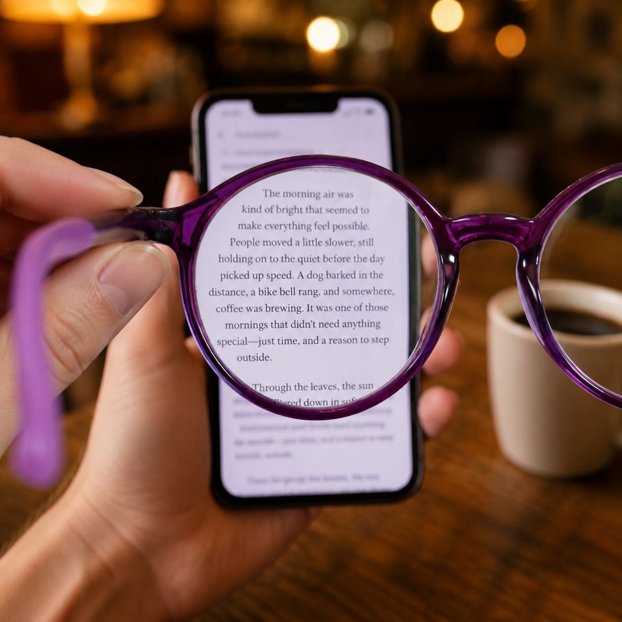 Person wearing trendy ultra-lightweight reading glasses