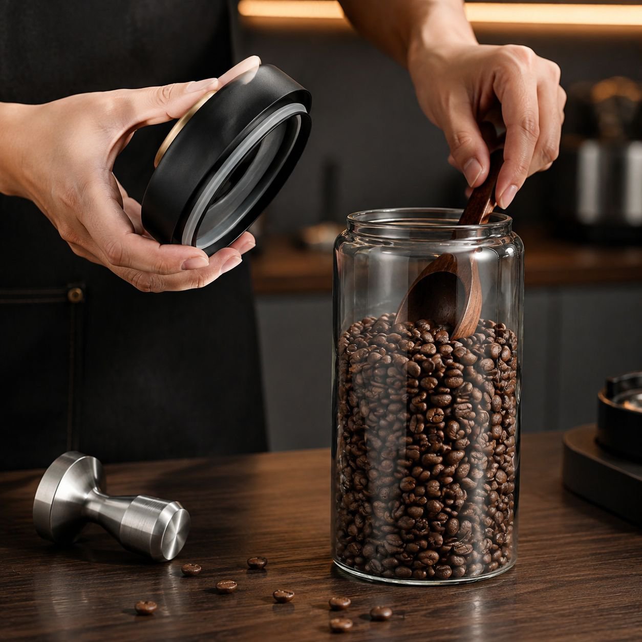Glass storage jar with vacuum pump for coffee