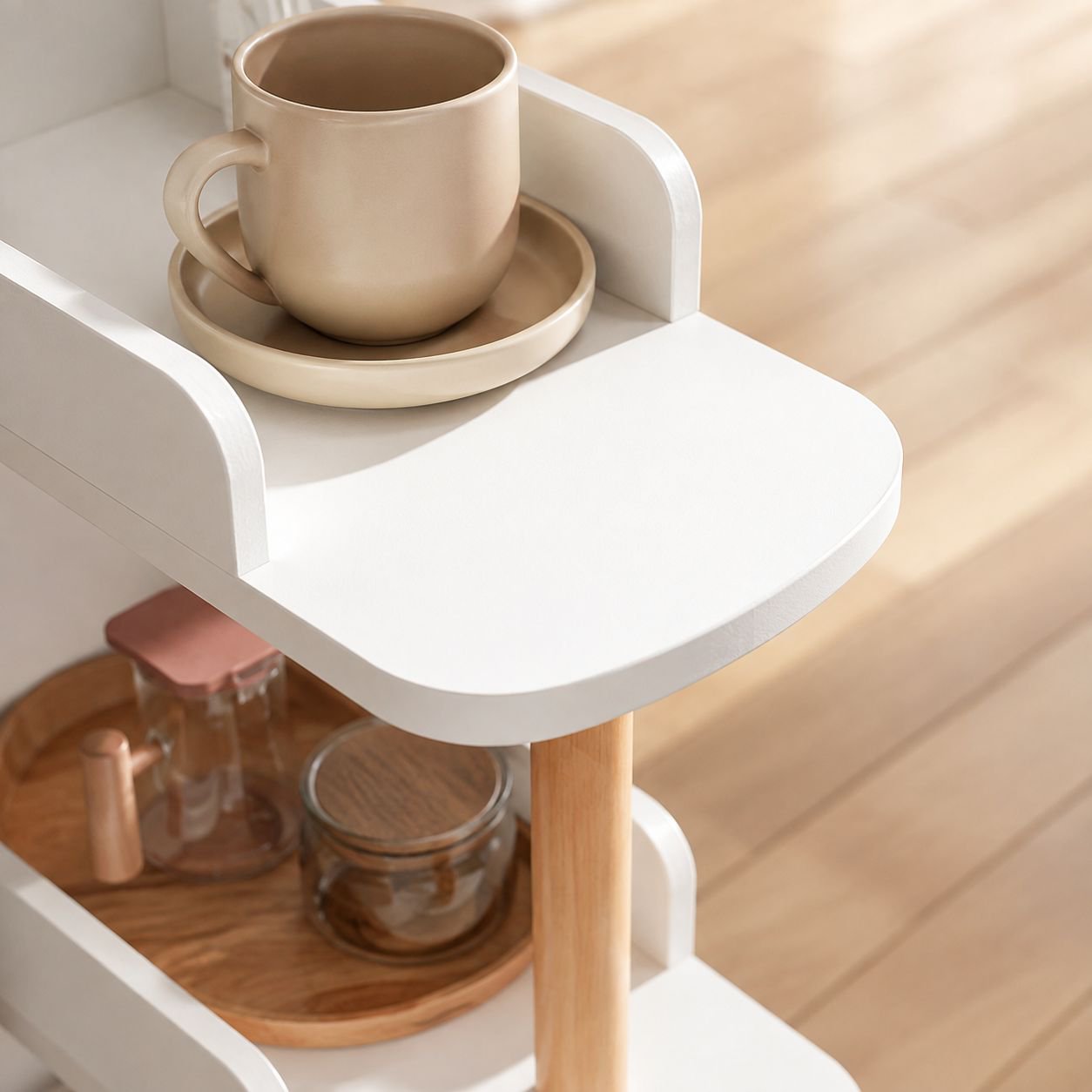 Wooden bookshelf side table with decorative items