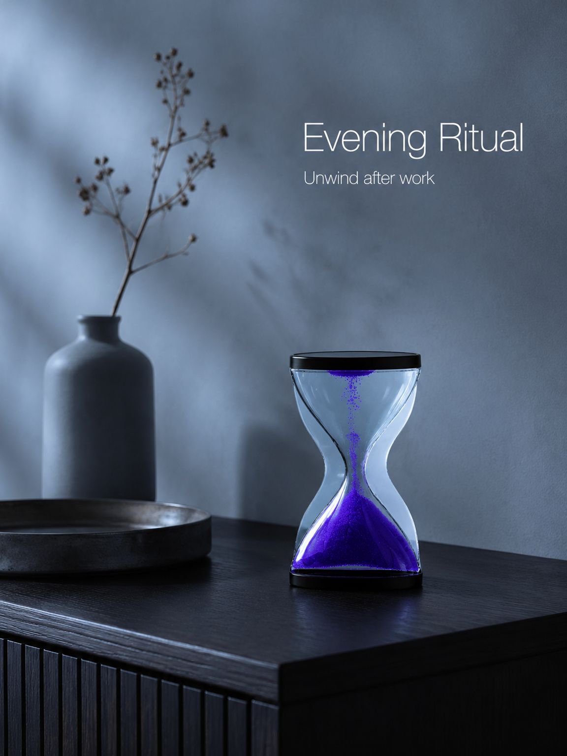 Stress relief hourglass timer placed on a bookshelf as home decor