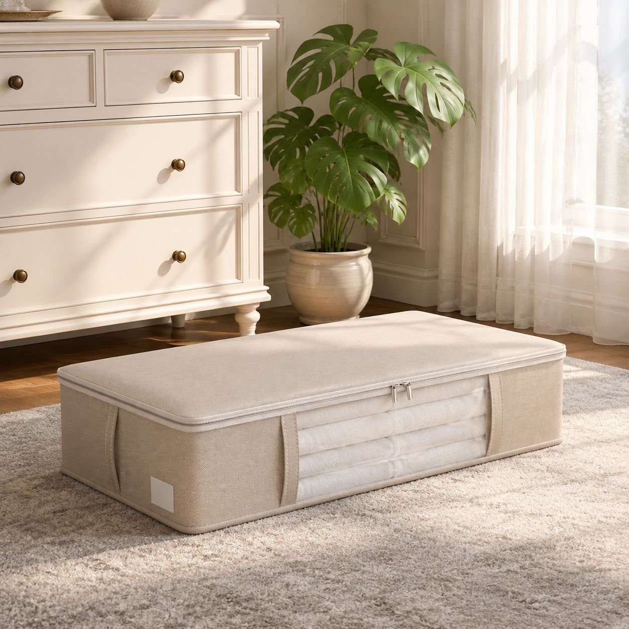 Neatly organized quilt storage box in wardrobe