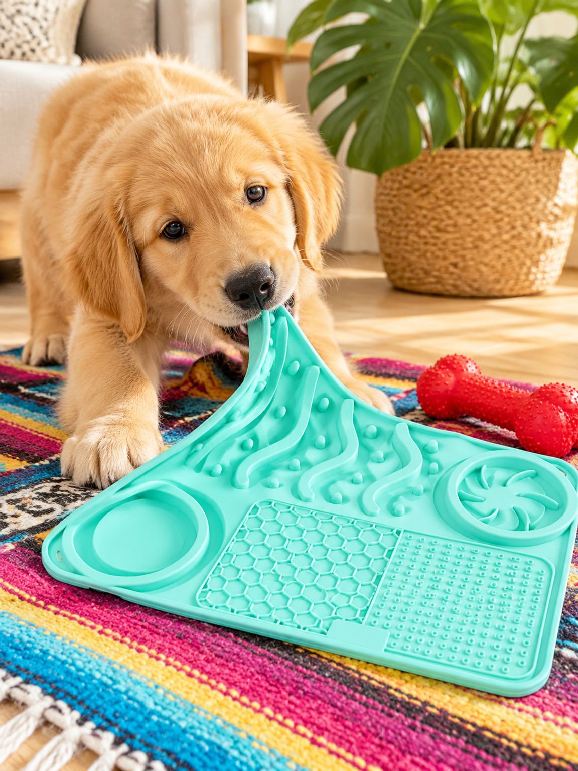 Perro usando el comedero lento en un tapete antideslizante