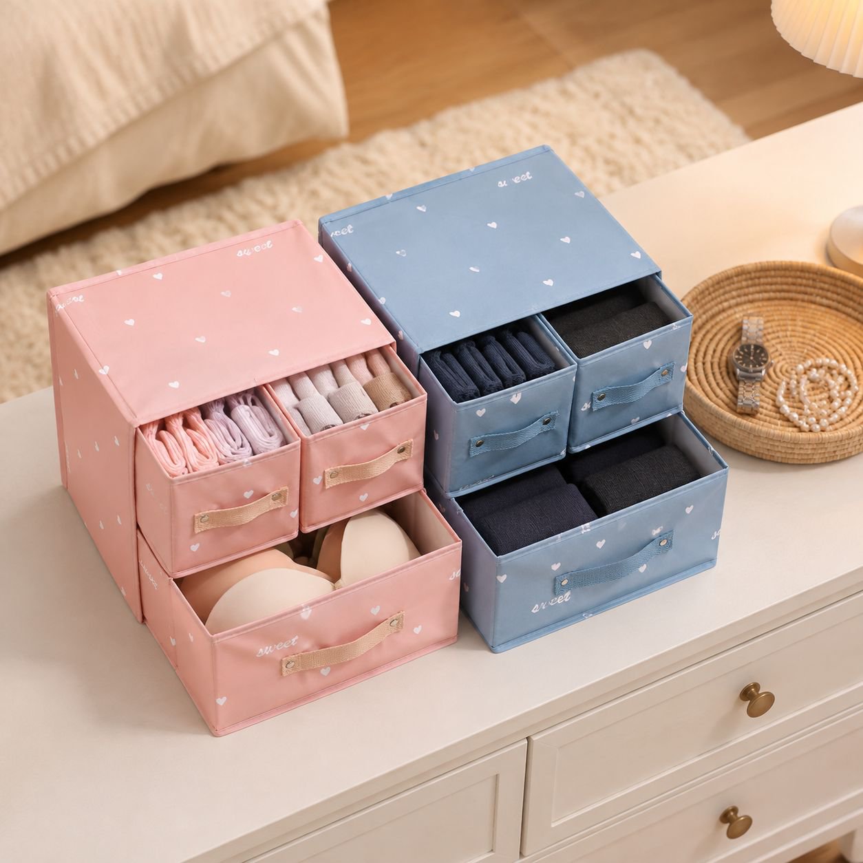 Durable fabric drawer divider in use