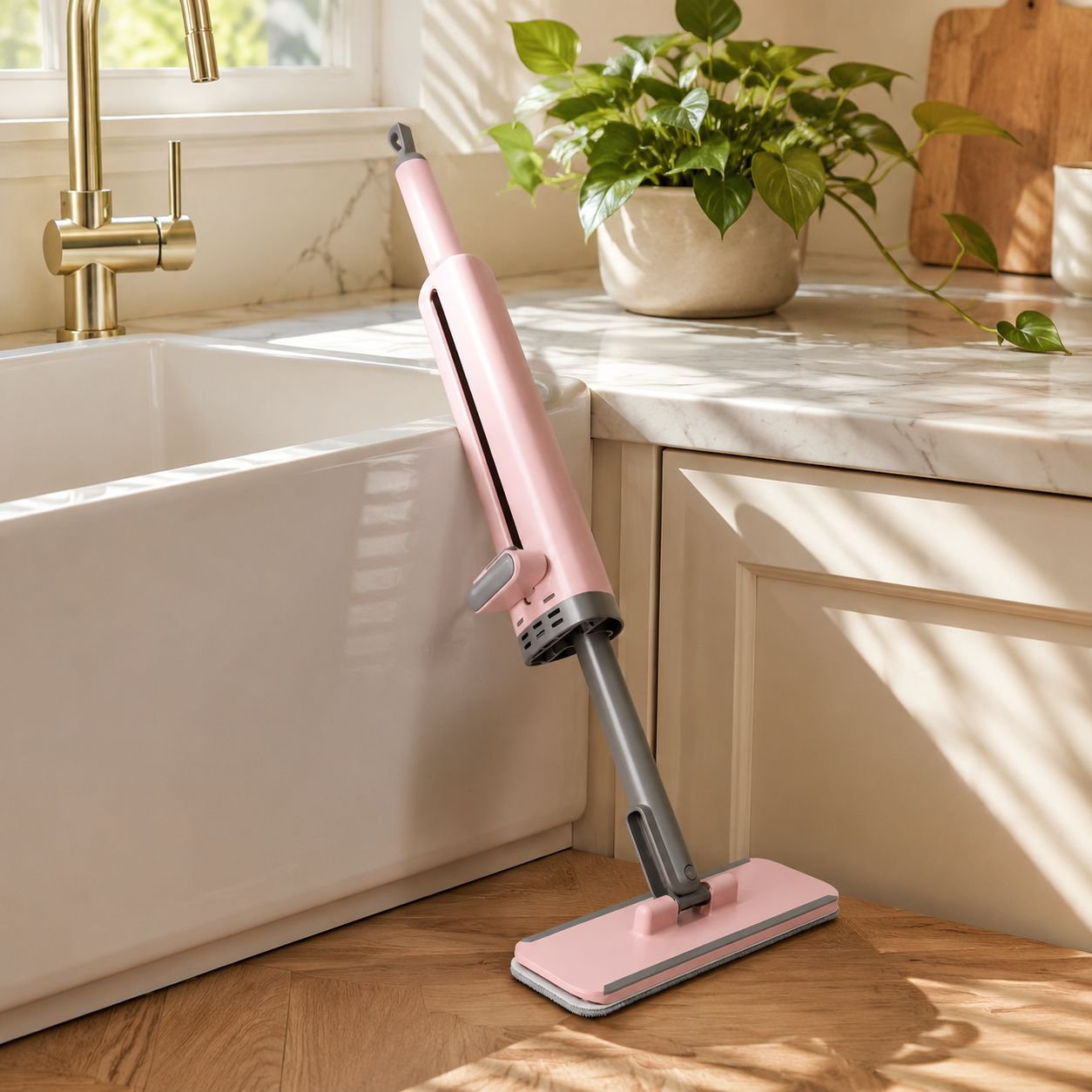 Modern kitchen with hanging water absorbing cleaning tool