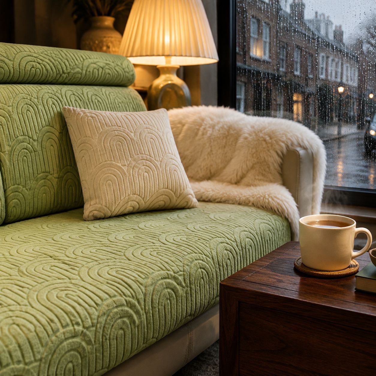 Nonslip cushion cover protecting a living room sofa
