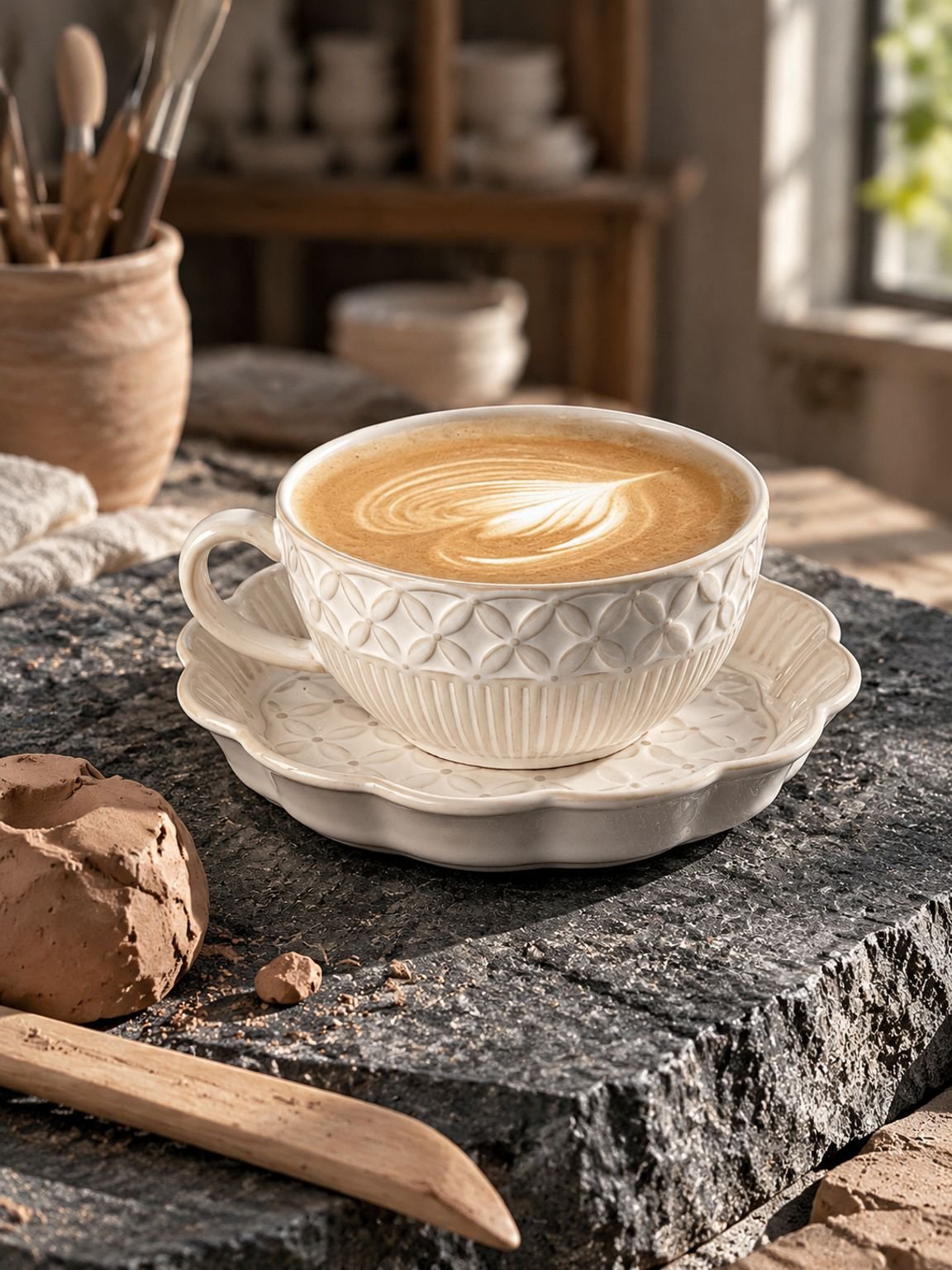 Decorative coffee cup and saucer with French-style embossed texture