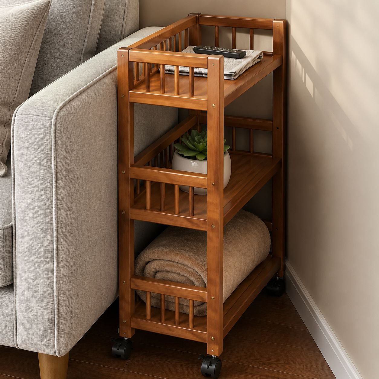 Household movable storage rack trolley living room simple sofa side table snack rack solid wood tea 