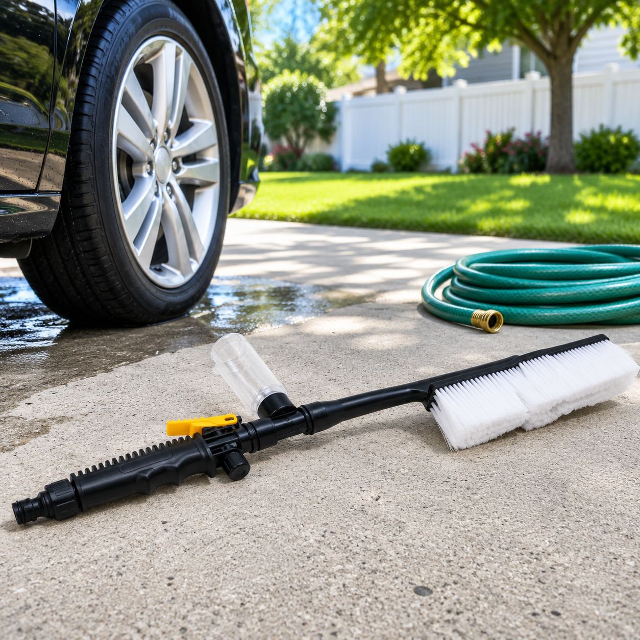 Long Handle Car Wash Brush with Water Spray, Foam, and Soft Bristles
