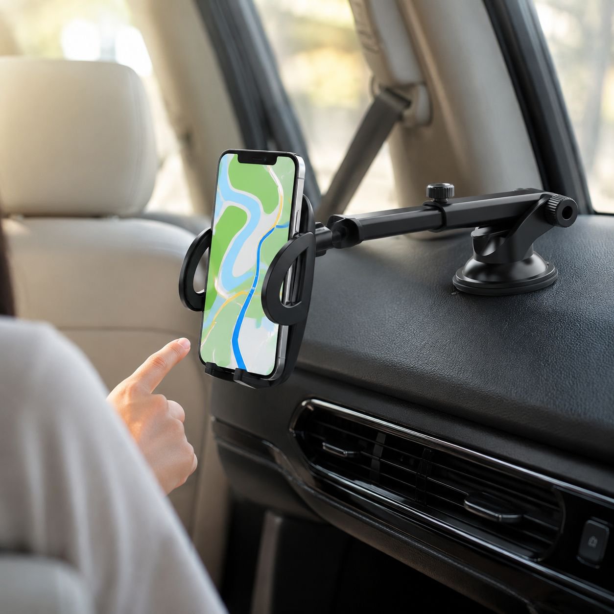 車載用スマホホルダー、伸縮式ナビゲーションホルダー、汎用カーアクセサリー、吸盤式、滑り止め付き。
