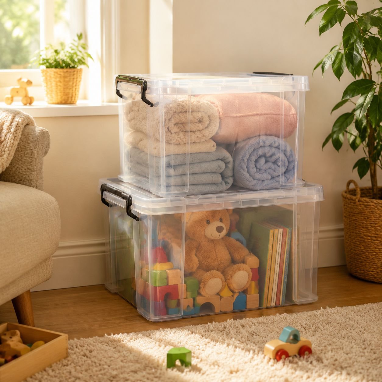 Close-up of the transparent plastic container's sturdy design