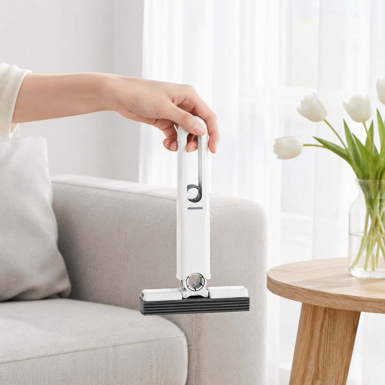 Portable desktop lint roller in hand