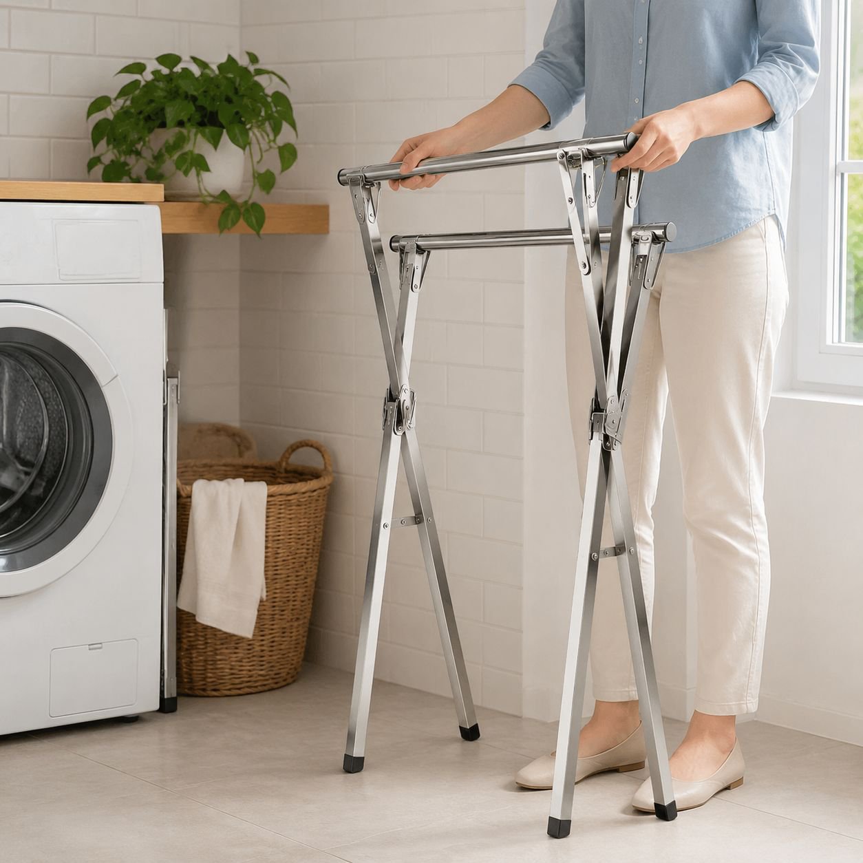 Compact balcony clothes hanger rack in use