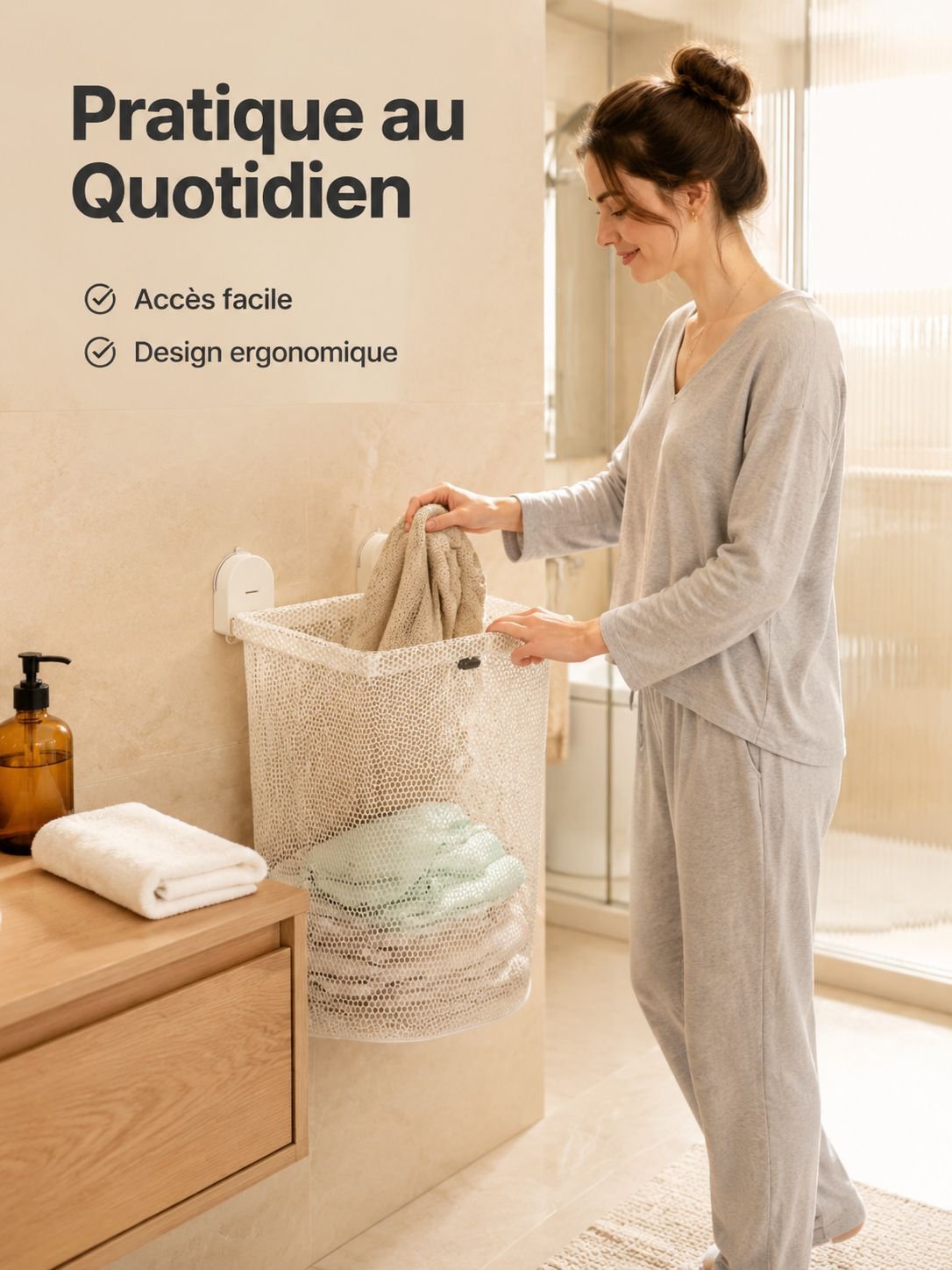 Panier à linge mural sans perçage, ventouse double, pliable, rangement salle de bain