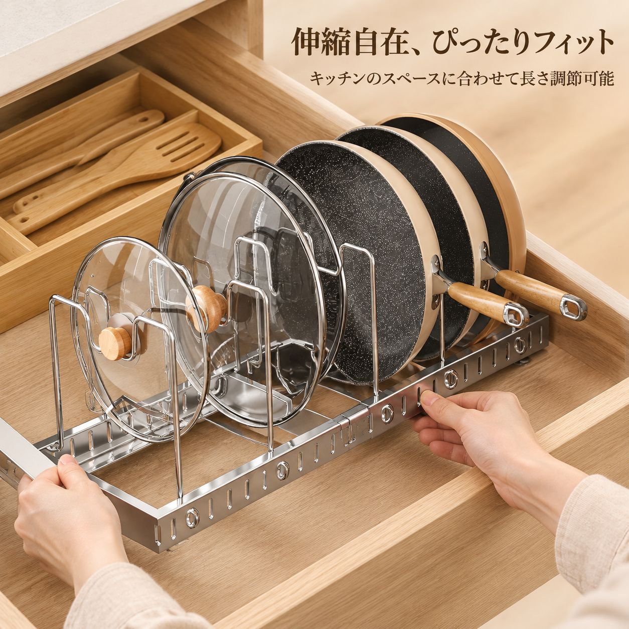 調節・伸縮可能なステンレス製調理器具・皿収納ラック