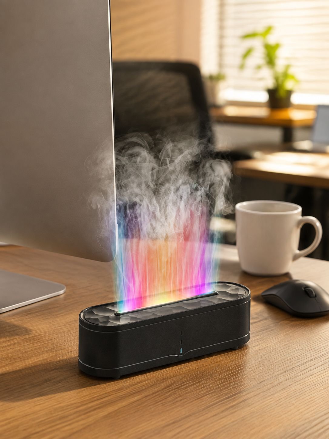 Humidificador para oficina con luz ambiental y simulación de llama