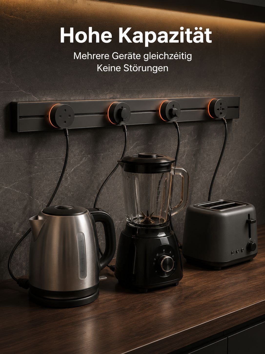 Multifunktionale Steckdosenleiste für den Tisch mit Schiene in moderner Optik