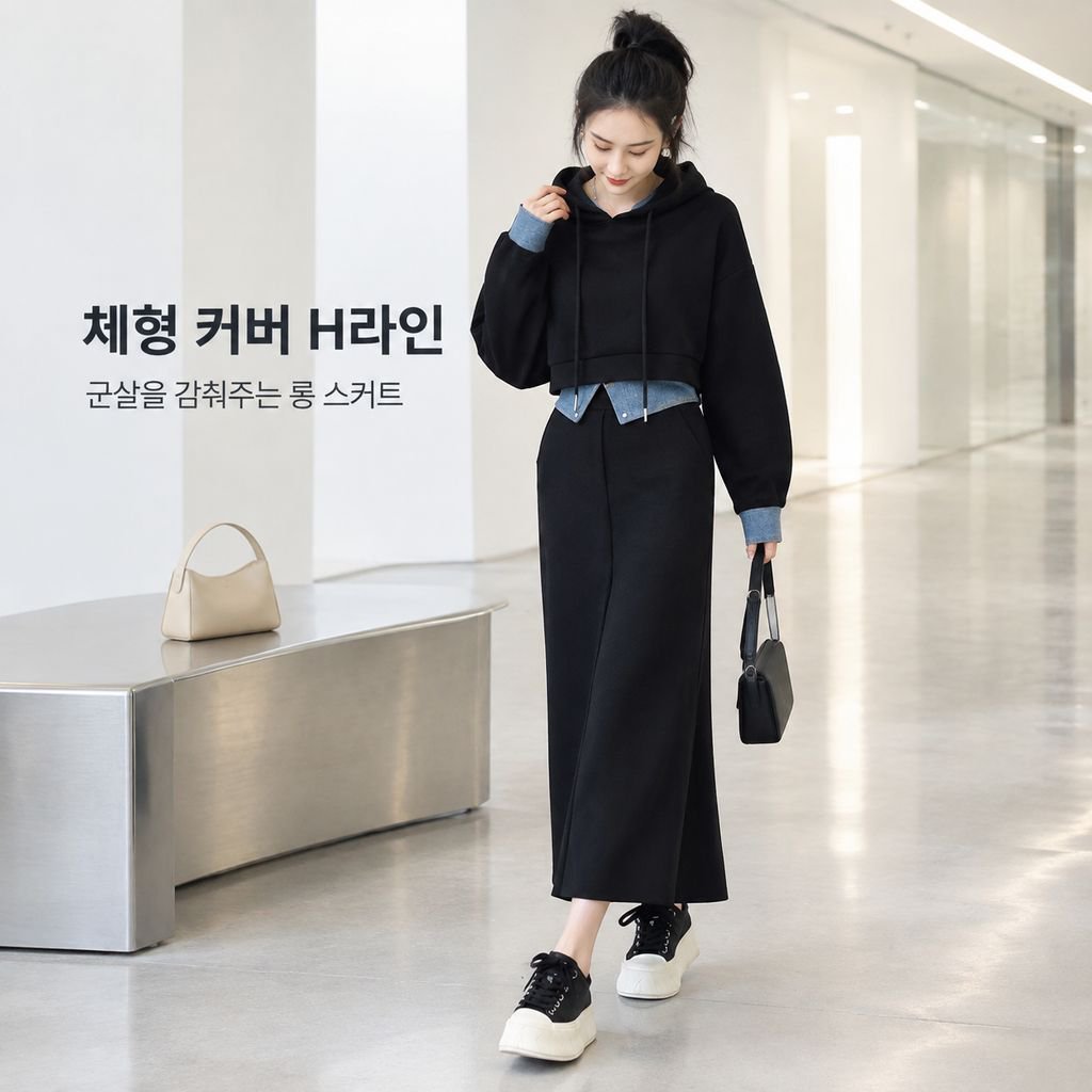 빅사이즈 여성 가을 후드 세트패션 트렌디한 날씬해 보이는 미디스커트 투피스