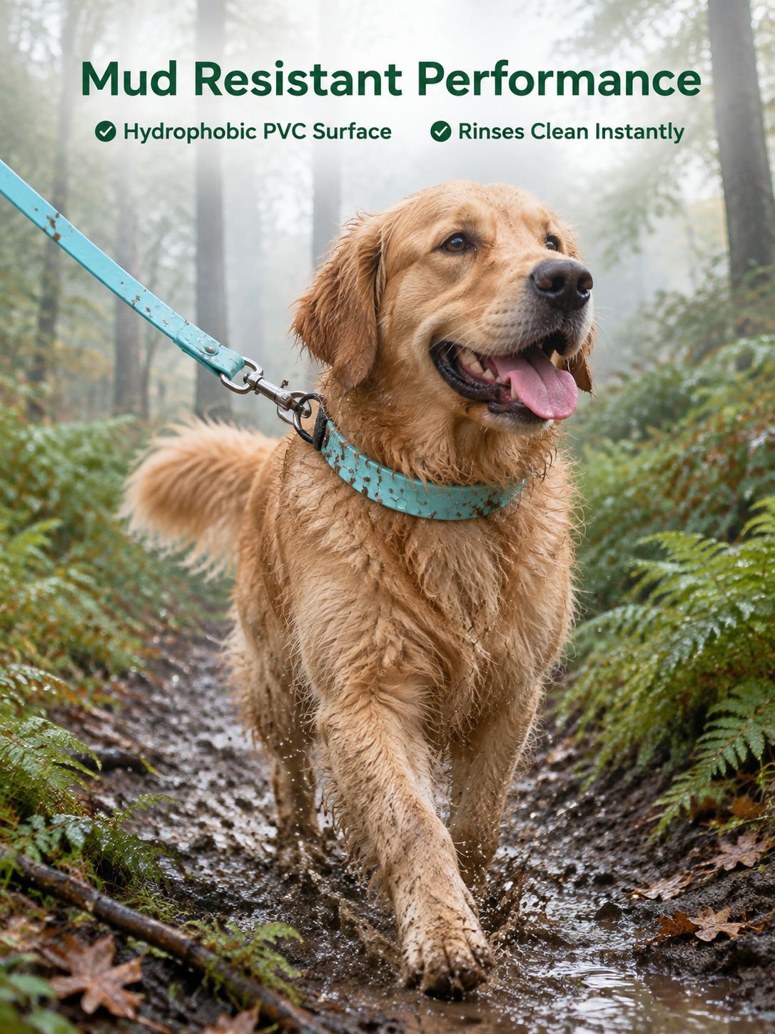 Durable PVC dog leash attached to a matching collar