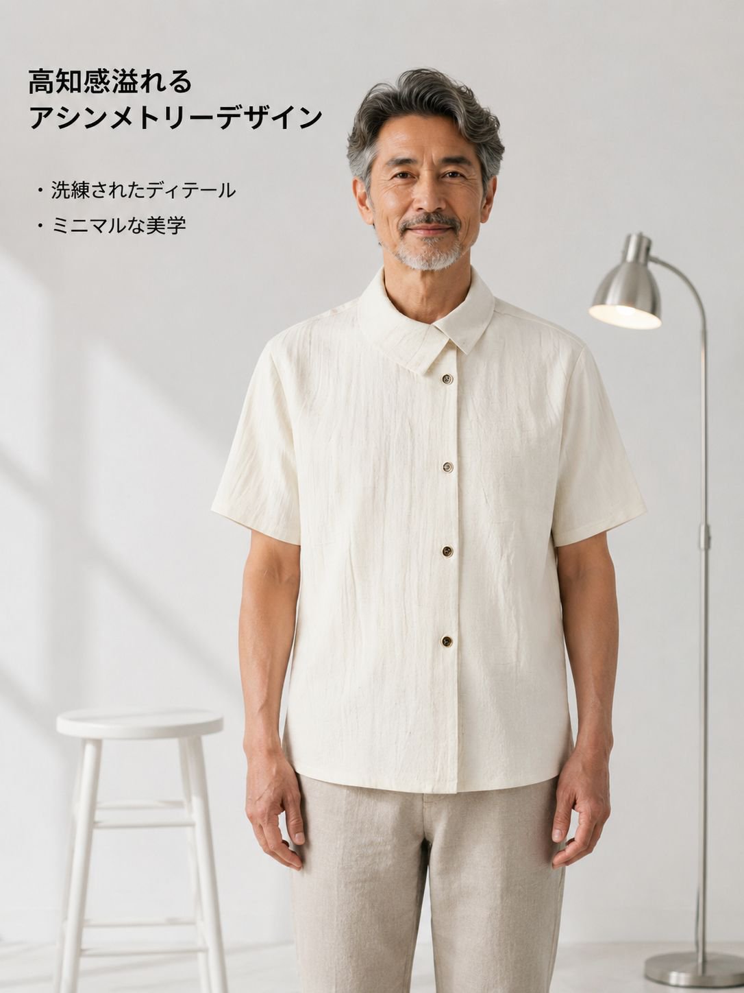 高知感アシンメトリーフロント多機能リネン半袖シャツ メンズ 夏 ゆったりカジュアルシャツ