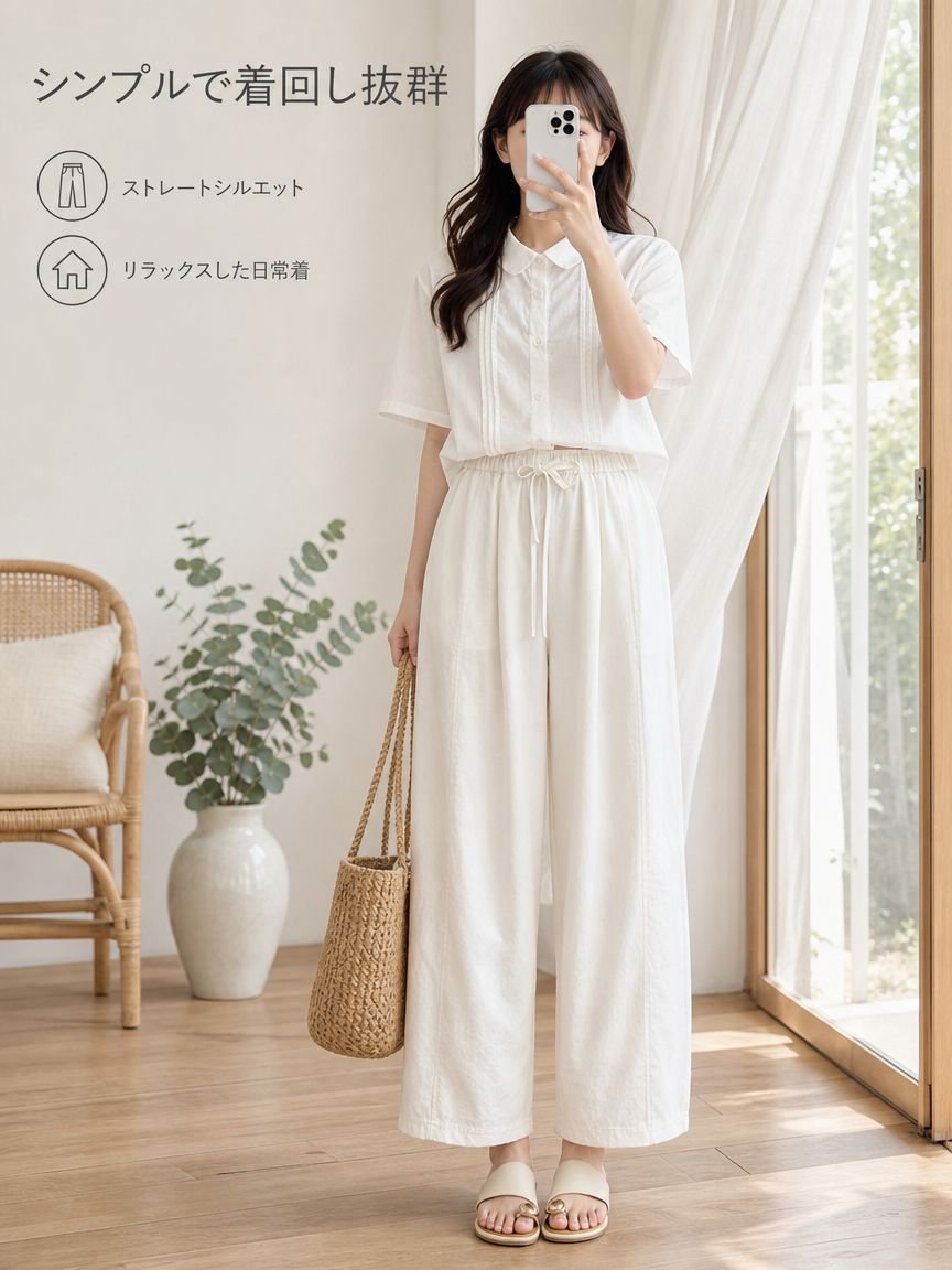 カジュアルなストレートレッグパンツ、シンプルなドローストリング付きハイウエストスリムフィット万能ルーズハーレムパンツ（女性用）