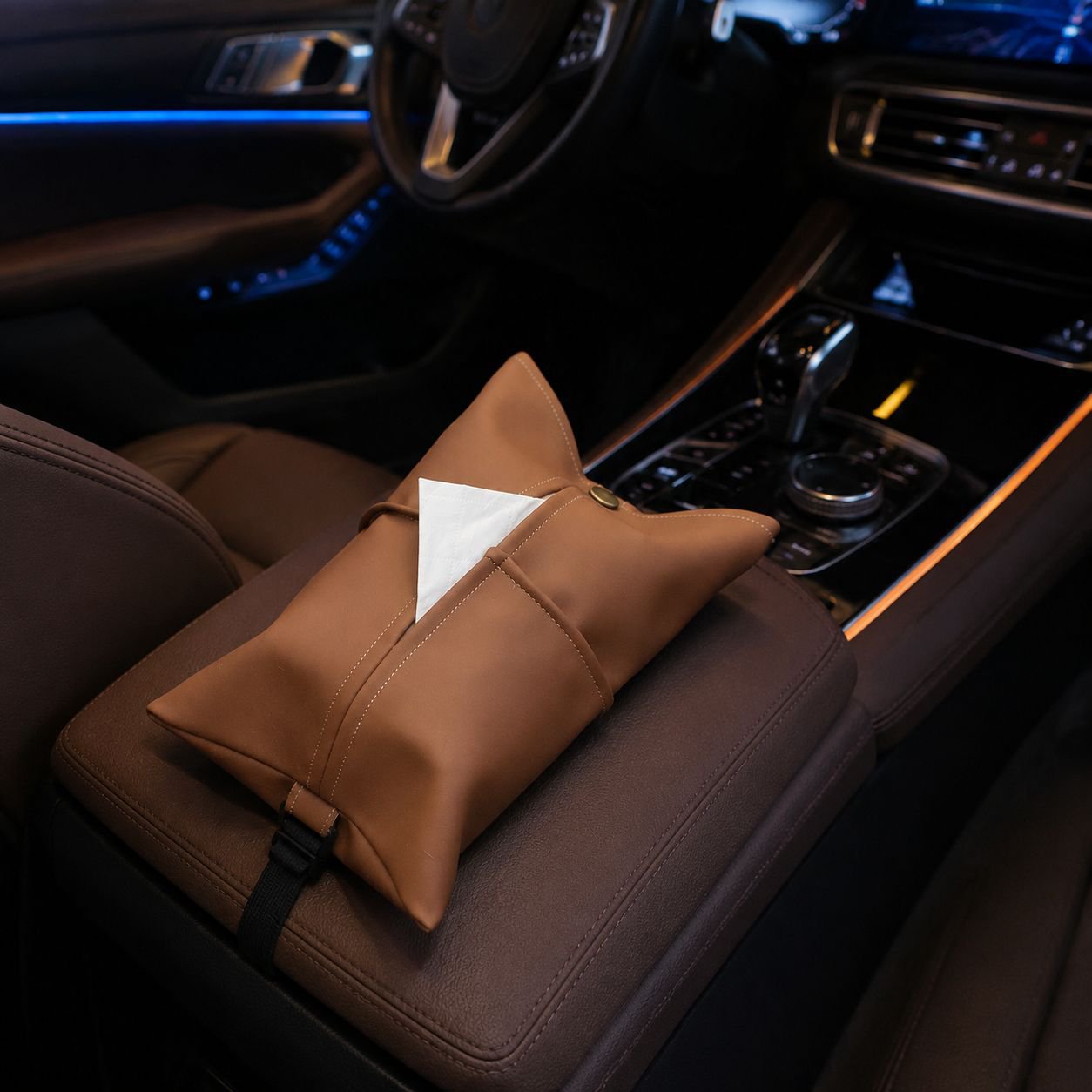 Tissue box for car interior organization and cleanliness