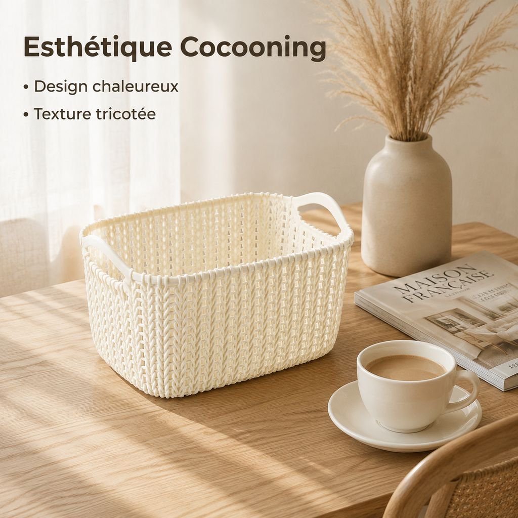 Panier de rangement de bureau en plastique effet rotin