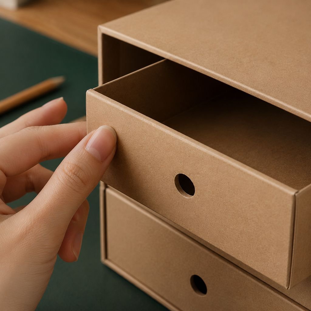 Close-up of file storage box compartments for documents