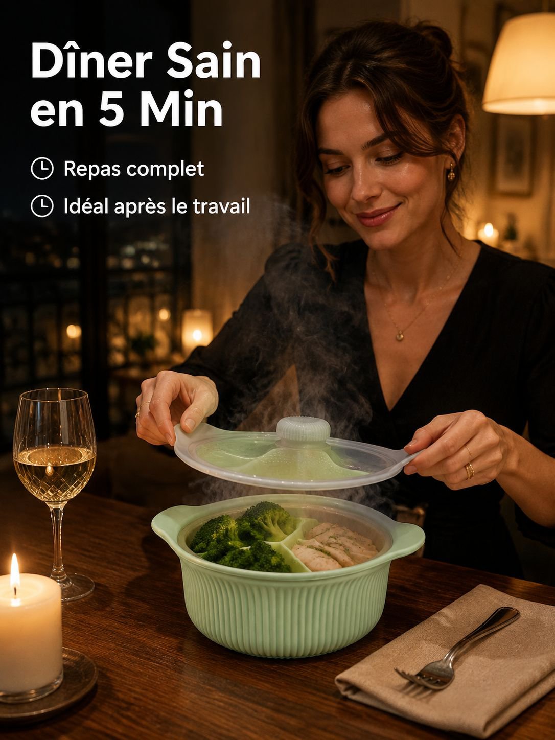 Cuiseur à vapeur multifonction en silicone pour micro-ondes, conception à trois compartiments