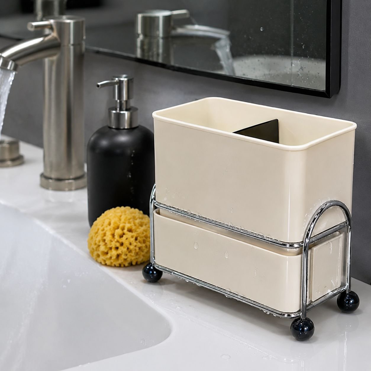 Wash Basin Storage Rack holding toiletries