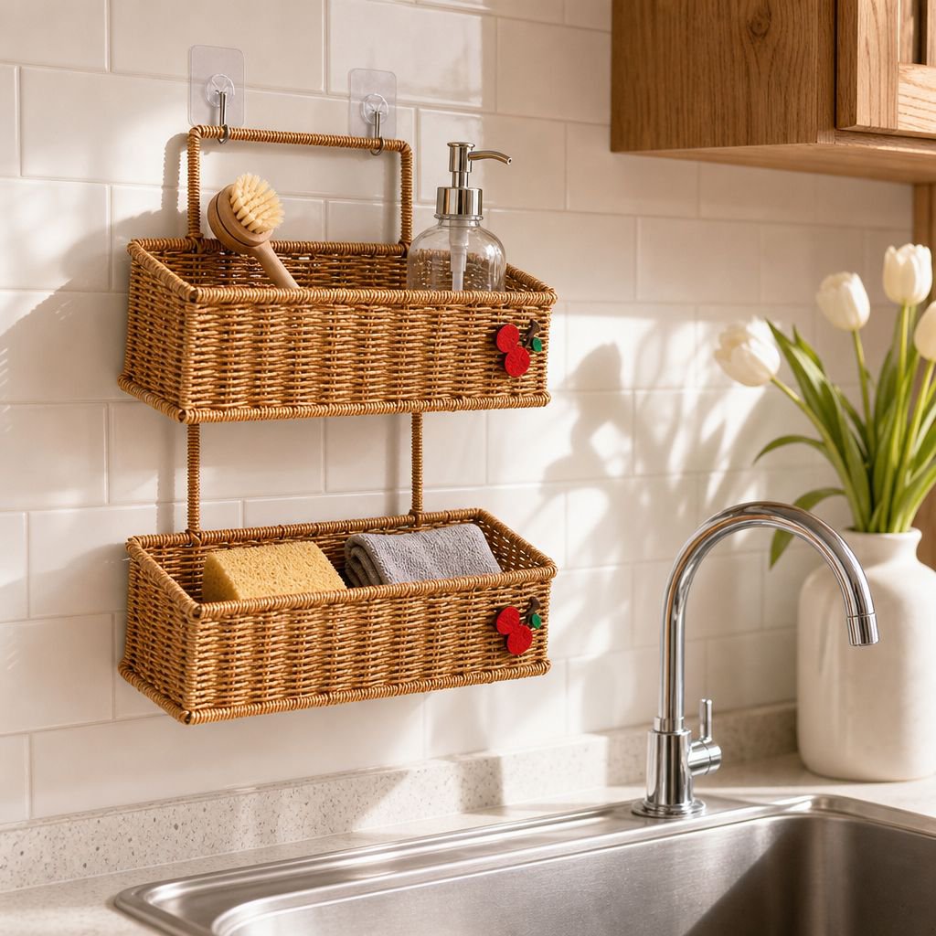 Durable plastic basket with handles in kitchen