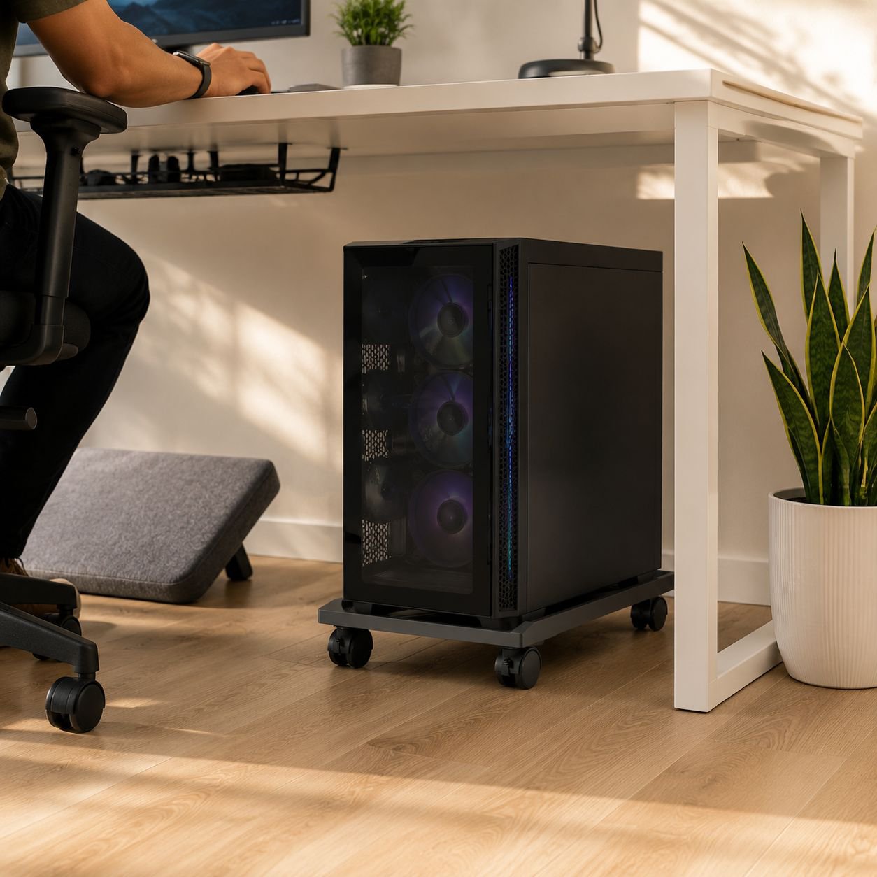All-in-one computer and printer stand with wheels in a home office setup