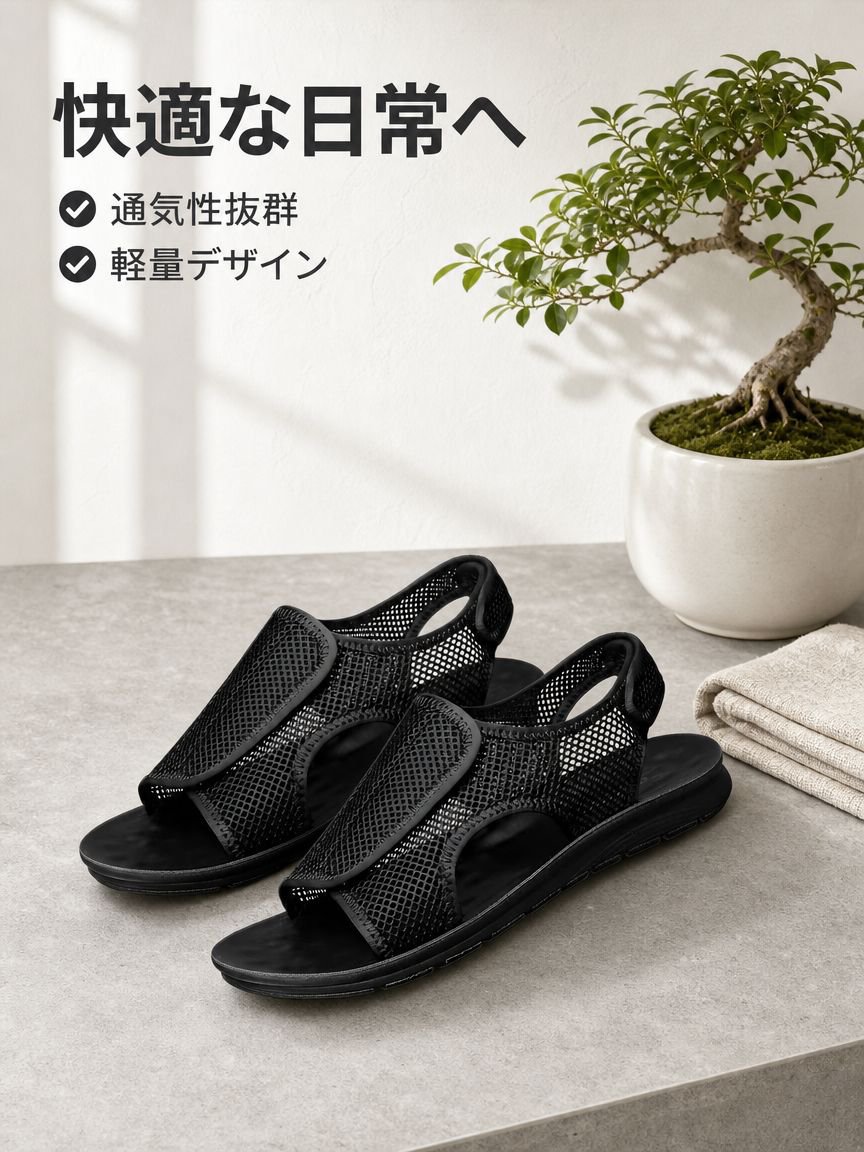メンズ通気性軽量サンダル マジックテープ調節 滑り止め・水洗い可能メッシュスリッパ